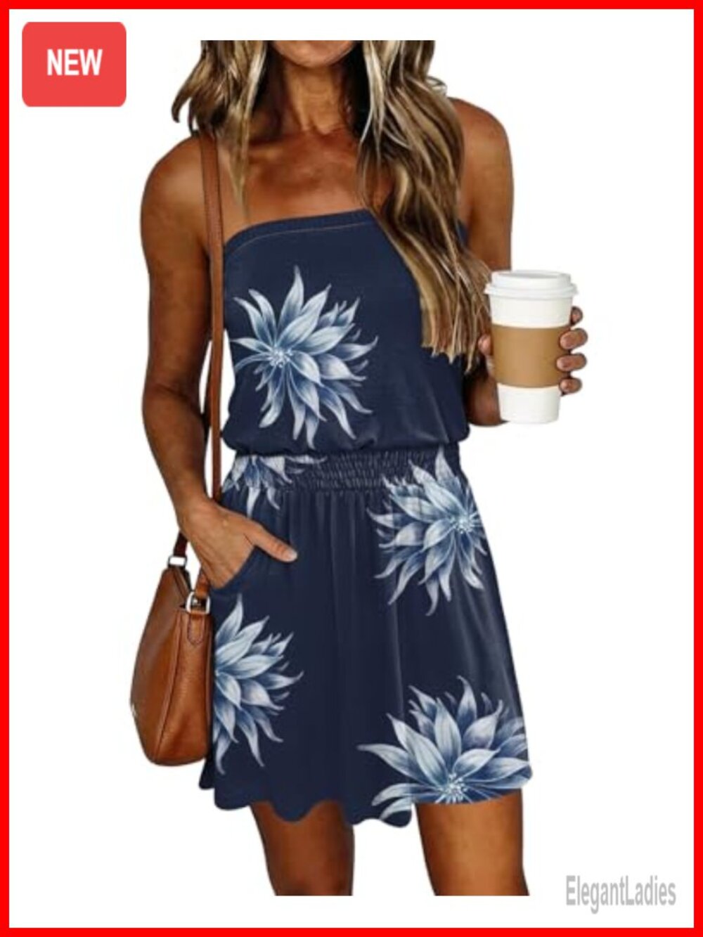 Bandeau Strapless Smocked Waist Sundress Mini Dress with Pockets